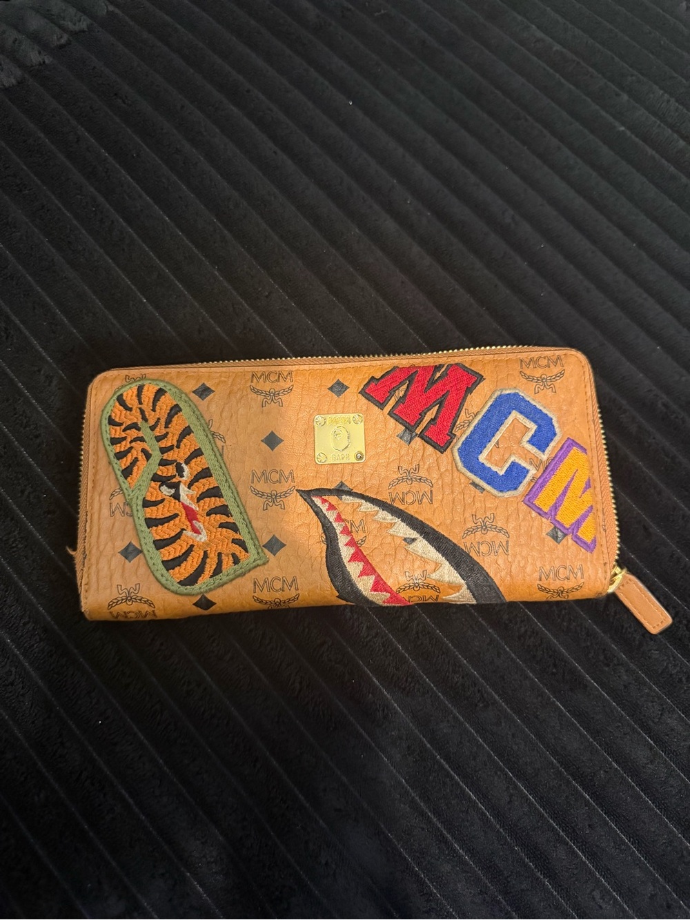 MCM Tan Leather Zip Around Wallet with Colorful Graphic Accents